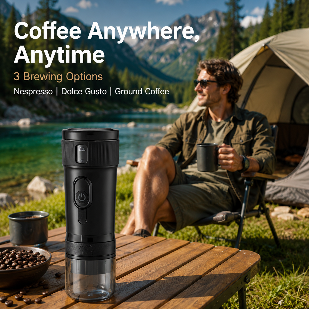 Portable coffee maker for Nespresso, Dolce Gusto and ground coffee