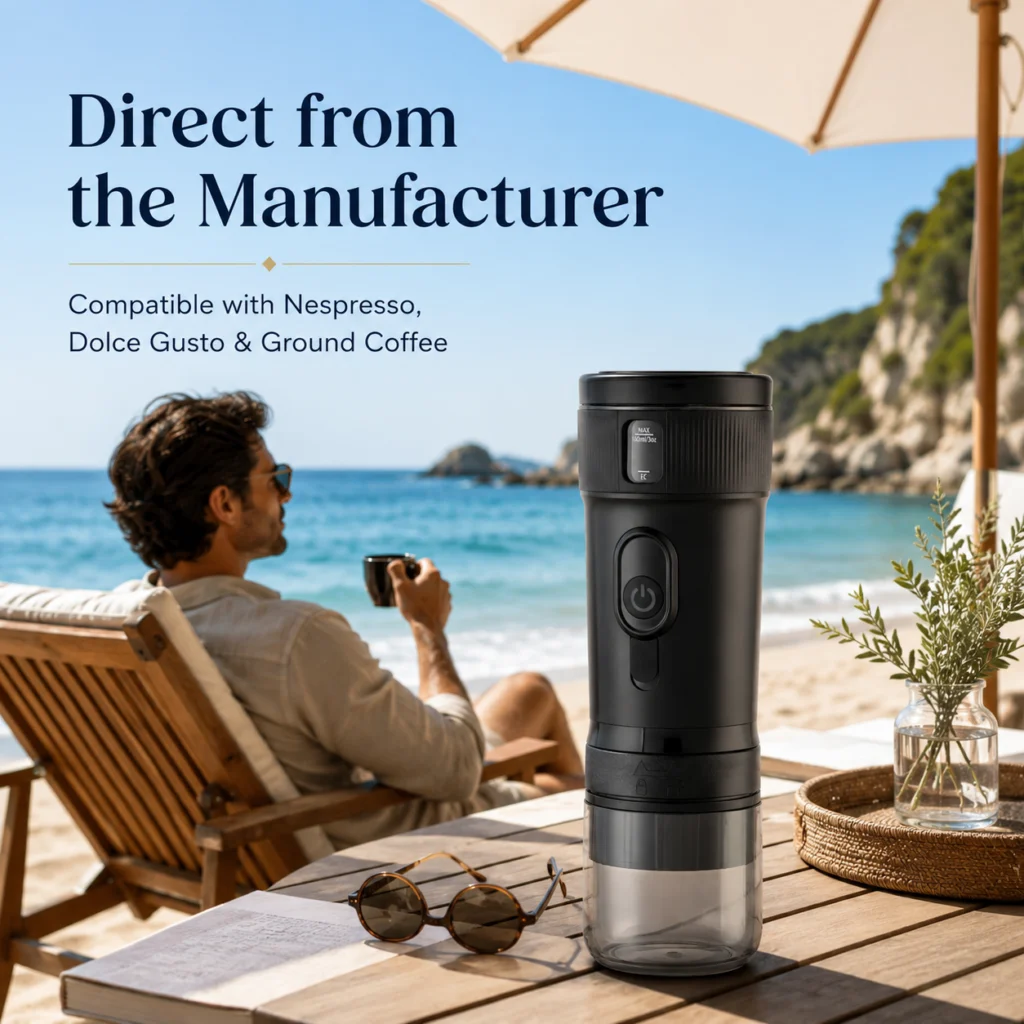CM1001B-PLUS海边场景 CM1001B-PLUS portable coffee maker with three brewing adapters
