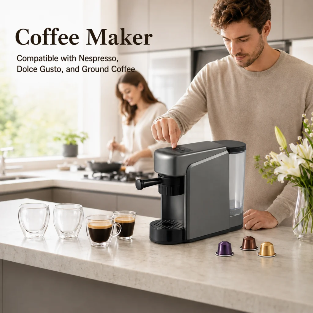 CM2001家庭场景 CM2001 coffee machine compatible with Nespresso, Dolce Gusto and ground coffee