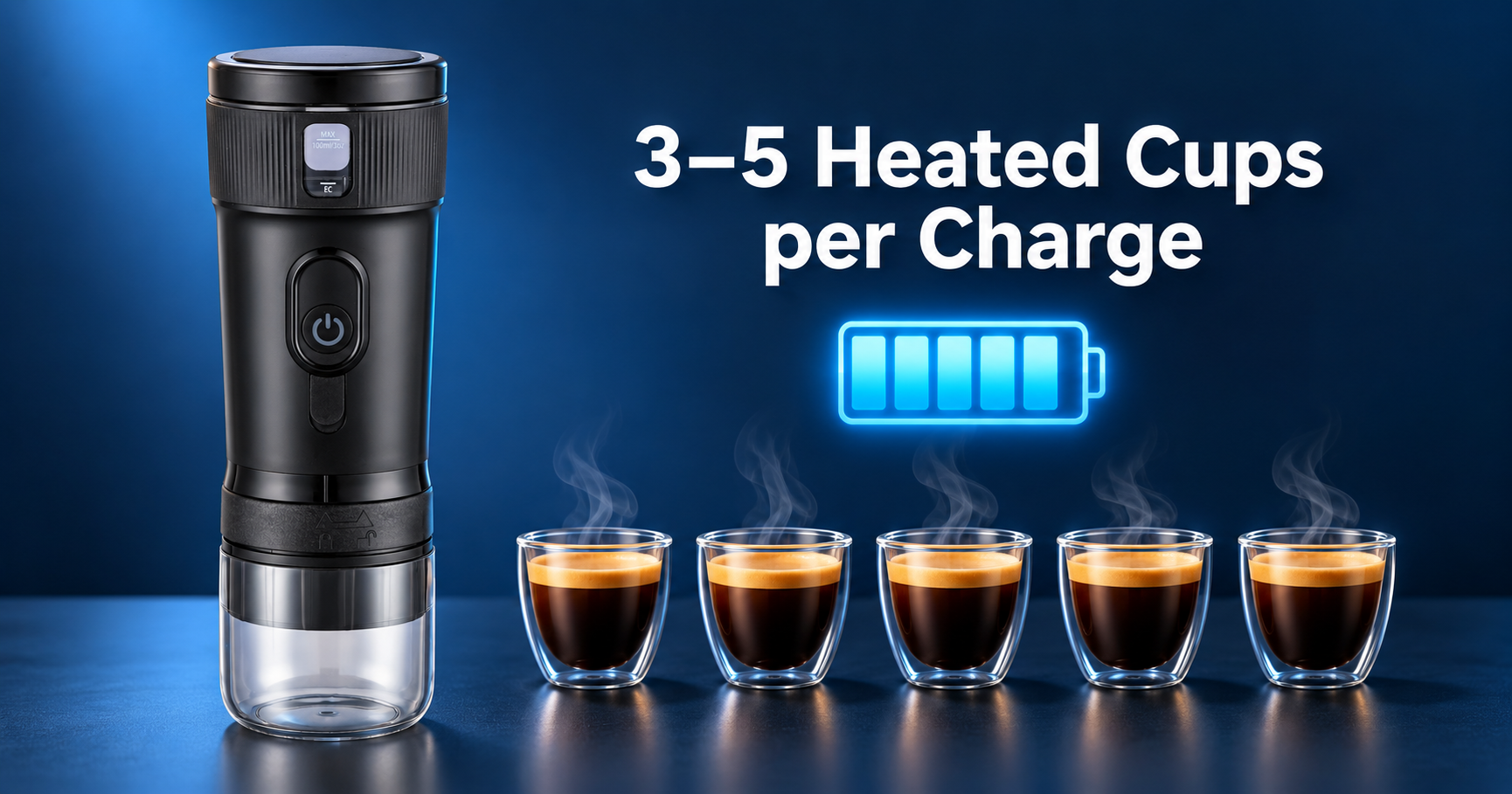 CM1001B-PLUS battery life test showing 3 to 5 cups per charge
